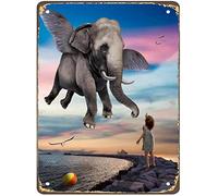 Metal Sign Girl saw an elephant in the air Antique tin Sign Metal tin Sign Wall Decoration Suitable for Family Cafe bar Club Men's cave Sign Gift Brand Plaque Metal tin 6" x 8"Vintage rusty inches