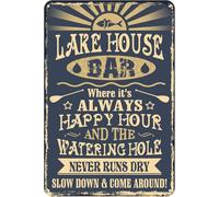 Metal Sign Lake House Bar Where It'S Happy Hour Retro Decor Home Library Bookstore Living Room Parlor Party Bar Cafe Club Cave Wall Decor 8x12 Inch