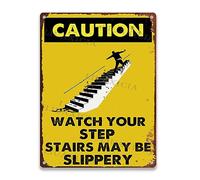 Metal Sign Retro Caution Watch Your Step Stairs May Be Slippery For Home Cave Garage Bar Wall Decoration 12.00"x16.00"