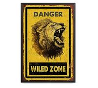 Metal Sign Retro Danger Wild Zone Lion For Wall Decor Home Kitchen Decor 8.00"x12.00" with Metal Frame