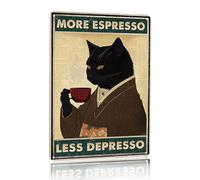 Vintage Black Cat Coffee Poster More Espresso Less Depresso Wall Sign Novelty Metal Tin Sign Home Vintage Art Decor Iron Painting 8X12 Inch