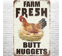 Metal Sign Vintage Farm Fresh Butt Nuggets, Retro Wall Decor Retro Red Crest Chicken Coop Country Cottage Eggs Market Rooster Tin Signs Poster for Home Living Room Bedroom Garden Cafe Bar 8x12 Inch