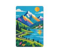 Metal Sign Wall Decor, Colorful Mountain Landscape Vector Illustrati | For colder months, metal decor signs add a characterful detail to the kitchen.