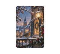Metal Sign Wall Decor, Robin On Snowy Balcony With Christmas Lights | For winter decorating, metal display signs bring a neat finishing detail to the dining area.