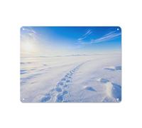 Metal Sign Wall Decor, Snowy landscape with footprints under blue sk | During colder months, vintage-style metal signs provide a neat finishing detail in the reading nook.