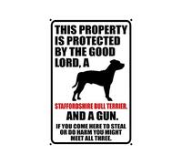 Metal Sign Warning Staffordshire Bull Terrier Dog And a Gun Sign Retro Sign Vintage Aluminum Tin Sign for Kitchen Coffee Bar Garden Home Bathroom Wall Art Decor 8x12 Inch