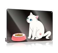 Metal Signs For Garage Man Cave A White Cat With Blue Eyes Sits Beside An Empty Food Bowl Tin Sign Tin Wall Decor Tin Bar Signs(30X40CM)