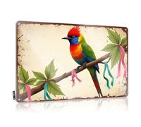 Metal Signs For Outside Home Decor A Colorful Bird Perches On A Branch Adorned With Ribbons. Tin Sign Beer Decorations For Man Cave Metal Sign Decor Vin(20X30CM)