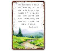 Metal Signs She Considers A Field And Buys It; She Sets About Her Work Vigorously Proverbs 31:16 Scripture Wall Art for Room Picture Metal 8 X 12 Inch