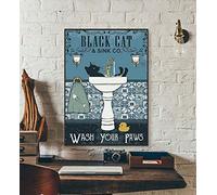 Metal Signs Vintage Cat Sign - Black Cat & Sink Co. Wash Your Paws, Black Cat Art Print, Bathroom Decor, Funny Cat Wall Art, Quick To Ship Wall Decor 16×12 Inch