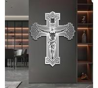 Metal Silver Jesus Wall Art, Metal Cross Christian Art Wall Decor, Jesus Artwork Decoration Modern Sculpture for Living Room,Bedroom Hallway and Stairs Nature Home Decor (Silver 30" x 25"