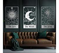 Metal Silver Tarot Celestial Wall Art, Metal Sun Moon Star Mystical Art Wall Decor, Tarot Celestial Artwork Decoration Modern Sculpture for Living Room,Bedroom Hallway and Stairs Decor (Silv
