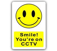 METAL Smile You're On CCTV Sign WITH IMAGE WHITE Aluminium Tin Warning Door Notice Office Warehouse Shop Cafe Restaurant Business Hotel Premises Camera Recording Security Protection LARGE MS25