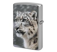 Metal Snow Leopard Lighter Case Windproof Flip Top Lighter Sleeve Double Sided Vintage Cool Cigarette Pouch Holder Reusable Pocket Protective Cover Men Gifts for Boyfriend Husband