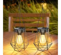 Metal Solar Lantern Waterproof IP65, Auto On Off 2 Pack Hanging Lanterns with Bulb Chain Hook, Outdoor LED Solar Garden Lights for Patio Decoration Lawn Table Fence Ornaments