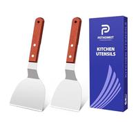 Metal Spatula Set for Cast Iron Skillet, Wide Griddle Stainless Steel Spatula Flipper Turner Utensil Set for Kitchen Use with Short Wood Handle Beveled Edge for Pancake, Egg, Burger, Omelet, 2 Pack