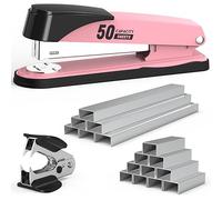 Metal Stapler Heavy Duty 50 Sheet Capacity with 1750 Staples and Staple Remover, Full Strip Staplers for Desk, No Jam, Non-Slip for Office & Classroom, Pink
