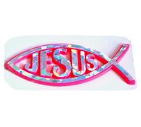 Metal Sticker Emblem with Christian Message, Jesus Fish Symbol, Silver and Red, 12 x 8 x 3.5 cm, Chrome Finish