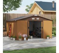Outsunny Garden Storage Shed 13' x 11' – Galvanised Metal, Double Doors, Light Brown