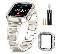 Metal Strap for Apple Watch Band Series 9 8 7 41mm for Women with Protector Case, Starlight Bling Crystal Bracelet for iWatch Bands, Diamond Jewelry Replacement for iPhone Wristband Shiny Slim Gift