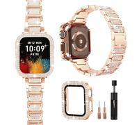 Metal Strap for Apple Watch Band Series 9 8 7 for Women with Protector Case, Rose Gold Bling Crystal Bracelet for iWatch Bands 41mm, Diamond Jewelry Replacement for iPhone Wristband Shiny Slim Gift