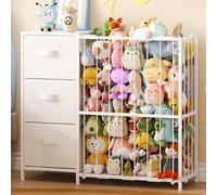 Metal Stuffed Animal Storage Organizer with 3 Fabric Drawers, 28" Heavy Duty Iron Stuffed Animal Holder Tower Zoo Cage for Kids Room & Playroom Organization