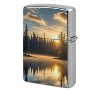Metal Sunrise on The Lake Lighter Case Windproof Flip Top Lighter Sleeve Double Sided Vintage Cool Cigarette Pouch Holder Reusable Pocket Protective Cover Men Gifts for Boyfriend Husband