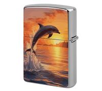 Metal Sunset Dolphin Lighter Case Windproof Flip Top Lighter Sleeve Double Sided Vintage Cool Cigarette Pouch Holder Reusable Pocket Protective Cover Men Gifts for Boyfriend Husband
