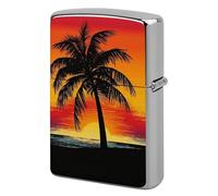 Metal Sunset Palm Tree Lighter Case Windproof Flip Top Lighter Sleeve Double Sided Vintage Cool Cigarette Pouch Holder Reusable Pocket Protective Cover Men Gifts for Boyfriend Husband