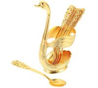 Metal Swan Dessert Spoons with Storage Base, Golden Retro Style Set | Smooth Polished Burr Free Edges, Organised Countertop Storage, Easy Carrying for Fruit Tea Desserts Celebrations