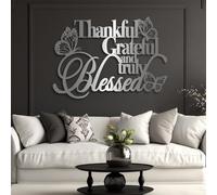 Metal Thankful Grateful Blessed Wall Art, Metal Christian Scripture Word Wall Artwork Decor, Black Artwork Decoration for Living Room,Bedroom Hallway and Stairs Nature Home Decor (Slive