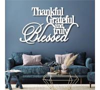 Metal Thankful Grateful Blessed Wall Art, Metal Christian Scripture Word Wall Artwork Decor, Black Artwork Decoration for Living Room,Bedroom Hallway and Stairs Nature Home Decor (White