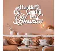 Metal Thankful Grateful Blessed Wall Art, Metal Christian Scripture Word Wall Artwork Decor, Black Artwork Decoration for Living Room,Bedroom Hallway and Stairs Nature Home Decor (White