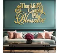 Metal Thankful Grateful Blessed Wall Art, Metal Christian Scripture Word Wall Artwork Decor, Black Artwork Decoration for Living Room,Bedroom Hallway and Stairs Nature Home Decor (Gold