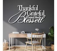 Metal Thankful Grateful Blessed Wall Art, Metal Give Thanks Blessed Home Wall Artwork Decor, Black Artwork Decoration for Living Room,Bedroom Hallway and Stairs Nature Home Decor (White