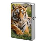 Metal Tiger Laying on The Grass Lighter Case Windproof Flip Top Lighter Sleeve Double Sided Vintage Cool Cigarette Pouch Holder Reusable Pocket Protective Cover Men Gifts for Boyfriend Husband