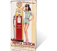 Metal Tin Retro Sign Bettie's Service Station Pin Up Girl Sign Let us Oil and Grease it for You. We're Always Open! Tin Sign Poster Vintage Metal Signs for Bar Music Club Man Cave Room 8x12 Inch