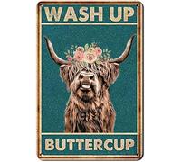 Metal Tin Retro Sign Wash Up Buttercup Metal Poster,Cow Metal Poster,Funny Cow Wall Art,Highland Cow Bathroom Hanging Wall Decor 8x12 Inch