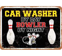 Metal Tin Sign 8X12 Inches Car Washer By Day, Bowler