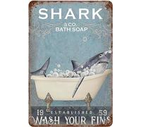Metal Tin Sign 8x12, Vintage Retro Shark Co. Bath Soap, Wall Decor Wash Your Fins Sharks Notice Poster Art for Home Living Room Bedroom Garden Garage Office Cafe Bar Pub