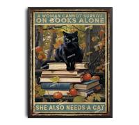 Metal Tin Sign A Woman Cannot Survive On Books Alone She Also Needs A Cat Tin Sign for Backyard Garage Man Cave Shed Office Craft Room 12.00"x16.00" with Black Metal Framed