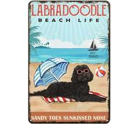 Metal Tin Sign Black Labradoodle Dog Beach Life Sandy Toes Sunkissed Nose Rustic Decor Vintage Sign Home Kitchen Bar Cafe Club Cave Wall Decor Retro Sign 12x16 Inch
