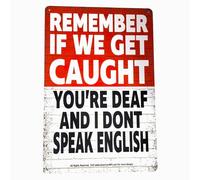 Metal Tin Sign Brick Wall Red Warning Design for Farms, Barns, Bar Area, Patio, Garage, Hallway, Work place, Bathroom (Remember if We Get Caught You're Deaf and I Don't Speak English) 8x12 Inch