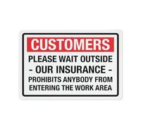 Metal Tin Sign Customers - Please Wait Outside Our Insurance Prohibits Anybody From Entering The Work Area Bathroom Signs Vintage Wall Sign Novelty Wall Poster For Kitchen Bathroom Home 20X30CM