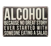 Metal Tin Sign Decorative Art Plaque 30x20cm, 'Because No Great Story Ever Started with a Salad' - Retro Wall Hanging Sign for Bar, Pub, Restaurant, or Home Decor