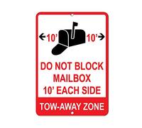 Metal tin sign do not block mailbox 10 feet each side tow away zone no parking with border weatherproof street caution danger safety security warning notice signs indoor/outdoor use 8×12 INCH