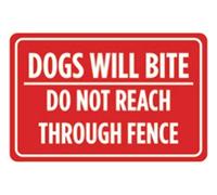 Metal Tin Sign Dogs Will Bite Do Not Reach Through Fence Print Red White Poster Yard Home Large Outside Caution Warning Sign Vintage Retro Aluminum Sign For Wall Decor 8X12 Inch