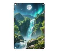 Metal Tin Sign Enchanted Green Waterfall Under Moonlight Metal Painting Retro Vintage Mural Hanging, For Kitchen, Garden, Kitchen, 20x30cm