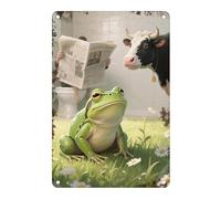 Metal Tin Sign Giant Green Frog In Flowering Grass Decoration Tin Painting Vintage Retro Mural Hanging, For Bar, Office, Garden, 20x30cm