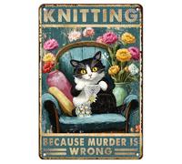 Metal Tin Sign Knitting Because Murder is Wrong Cat Vintage For Home Outdoor Indoor Office Bar Yard Decor 12x8 Inch